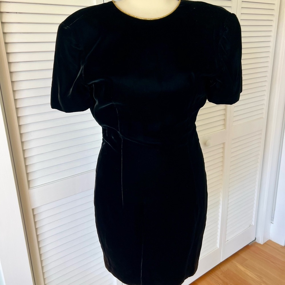 Vintage black velvet dress with gold trim on neckline